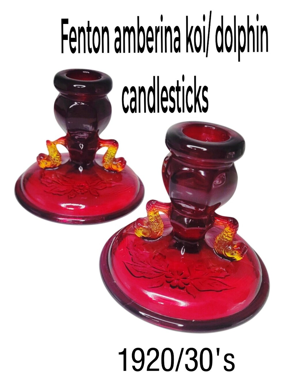 Antique 1920s Fenton Amberina Koi/Dolphin Red Glass Candlesticks